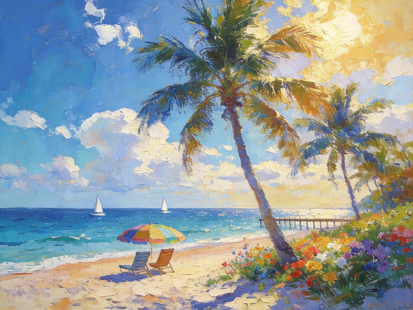 Sun, Sand, and Seaside Peace, Seashore Sunrise Paintings, Hand Painted Canvas Art, Canvas Wall Art Paintings, Landscape Canvas Paintings, Original Oil Paintings, Small Oil Paintings-LargePaintingArt.com