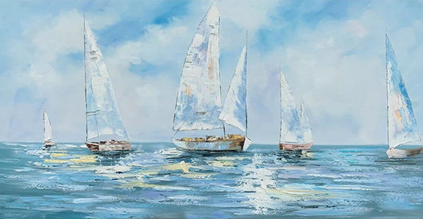 Contemporary Canvas Artwork, Abstract Wall Art Paintings, Modern Art Paintings for Dining Room, Sail Boat Acrylic Paintings on Canvas, Hand Painted Wall Art Paintings-LargePaintingArt.com