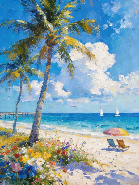 Hand Painted Canvas Wall Art, Tropical Beach Tranquility, Palm Trees Seashore Paintings, Original Oil Paintings, Small Canvas Paintings, Heavy Texture Artwork, Small Canvas Paintings-LargePaintingArt.com