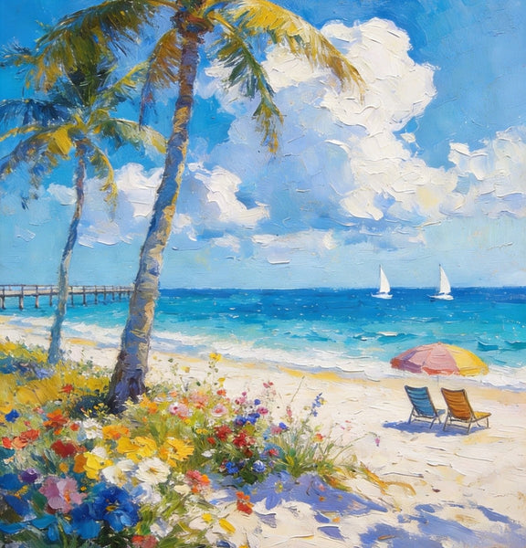 Hand Painted Canvas Wall Art, Tropical Beach Tranquility, Palm Trees Seashore Paintings, Original Oil Paintings, Small Canvas Paintings, Heavy Texture Artwork, Small Canvas Paintings-LargePaintingArt.com