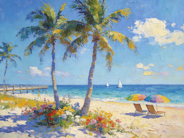 Summer Resort, Seaside Tranquility, Seashore Palm Tree Painting, Landscape Canvas Paintings, Hand Painted Canvas Art, Small Oil Paintings, Small Wall Art Paintings, Original Canvas Paintings-LargePaintingArt.com