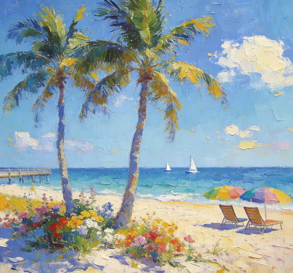 Summer Resort, Seaside Tranquility, Seashore Palm Tree Painting, Landscape Canvas Paintings, Hand Painted Canvas Art, Small Oil Paintings, Small Wall Art Paintings, Original Canvas Paintings-LargePaintingArt.com