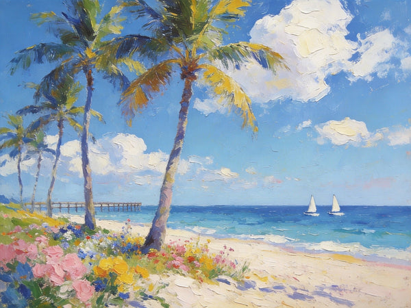 Landscape Paintings on Canvas, Beach Paradise with Palm Trees, Seashore Beach Paintings, Buy Paintings Online, Palette Knife Oil Paintings, Hand Painted Canvas Art, Original Oil Paintings-LargePaintingArt.com