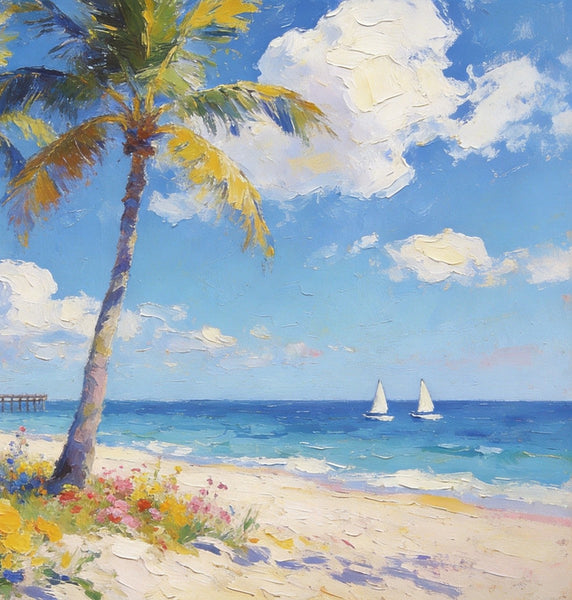 Landscape Paintings on Canvas, Beach Paradise with Palm Trees, Seashore Beach Paintings, Buy Paintings Online, Palette Knife Oil Paintings, Hand Painted Canvas Art, Original Oil Paintings-LargePaintingArt.com
