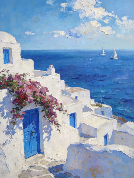 On Canvas Small Paintings, Mediterranean Bliss by the Aegean, Seashore Painting, Beach Oil Paintings, Landscape Canvas Paintings, Original Landscape Paintings, Hand Painted Canvas Art-LargePaintingArt.com