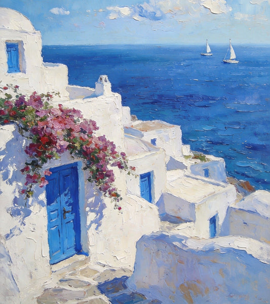 On Canvas Small Paintings, Mediterranean Bliss by the Aegean, Seashore Painting, Beach Oil Paintings, Landscape Canvas Paintings, Original Landscape Paintings, Hand Painted Canvas Art-LargePaintingArt.com