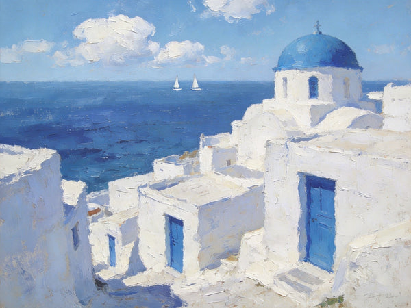 Palette Knife Oil Paintings, Aegean's Azure Allure, Seashore Beach Paintings, Landscape Canvas Paintings, Small Landscape Paintings on Canvas, Hand Painted Canvas Art, Original Oil Paintings-LargePaintingArt.com