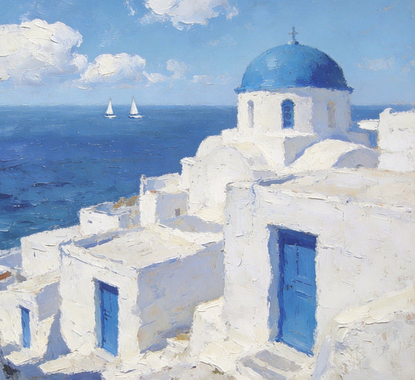 Palette Knife Oil Paintings, Aegean's Azure Allure, Seashore Beach Paintings, Landscape Canvas Paintings, Small Landscape Paintings on Canvas, Hand Painted Canvas Art, Original Oil Paintings-LargePaintingArt.com