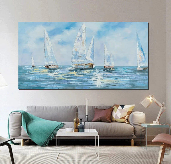 Sail Boat Acrylic Paintings on Canvas, Hand Painted Wall Art Paintings, Contemporary Canvas Artwork, Abstract Wall Art Paintings, Modern Art Paintings for Dining Room-LargePaintingArt.com