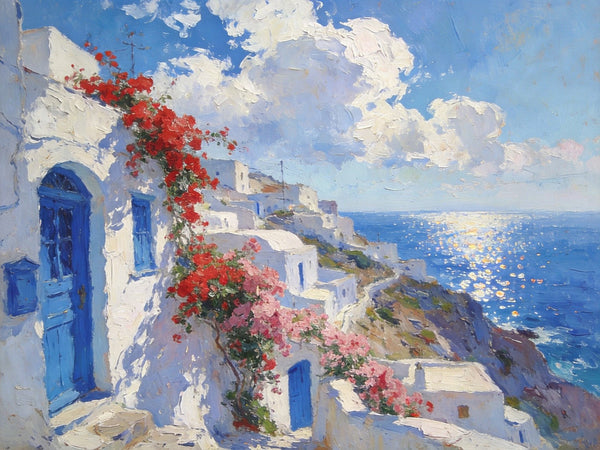 Small Original Oil Paintings, Coastal Charm of the Aegean, Hand Painted Canvas Art, Landscape Wall Art Paintings, Landscape Paintings for Living Room-LargePaintingArt.com