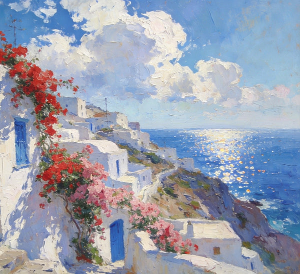 Small Original Oil Paintings, Coastal Charm of the Aegean, Hand Painted Canvas Art, Landscape Wall Art Paintings, Landscape Paintings for Living Room-LargePaintingArt.com