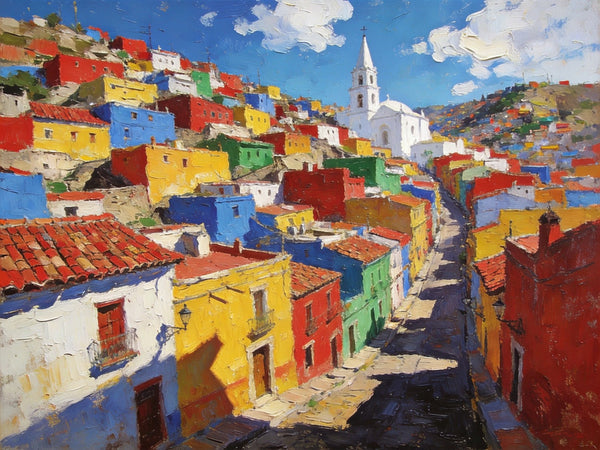 Canvas Wall Art Paintings, Guanajuato's Chromatic Charm, Hand Painted Canvas Art, Small Oil Paintings, Landscape Canvas Paintings, Original Canvas Paintings-LargePaintingArt.com