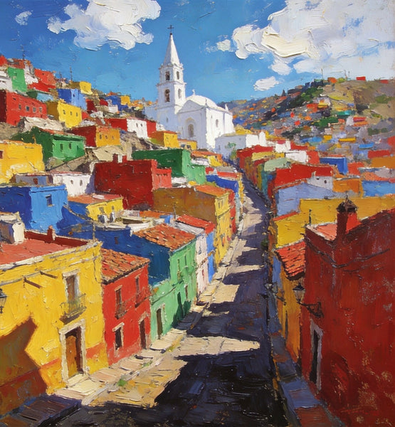 Canvas Wall Art Paintings, Guanajuato's Chromatic Charm, Hand Painted Canvas Art, Small Oil Paintings, Landscape Canvas Paintings, Original Canvas Paintings-LargePaintingArt.com