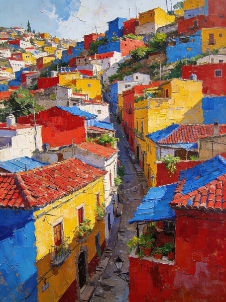 Original Wall Art Paintings, Guanajuato's Vibrant Hilltop Village, Hand Painted Canvas Wall Art, Heavy Texture Artwork, Small Oil Paintings-LargePaintingArt.com
