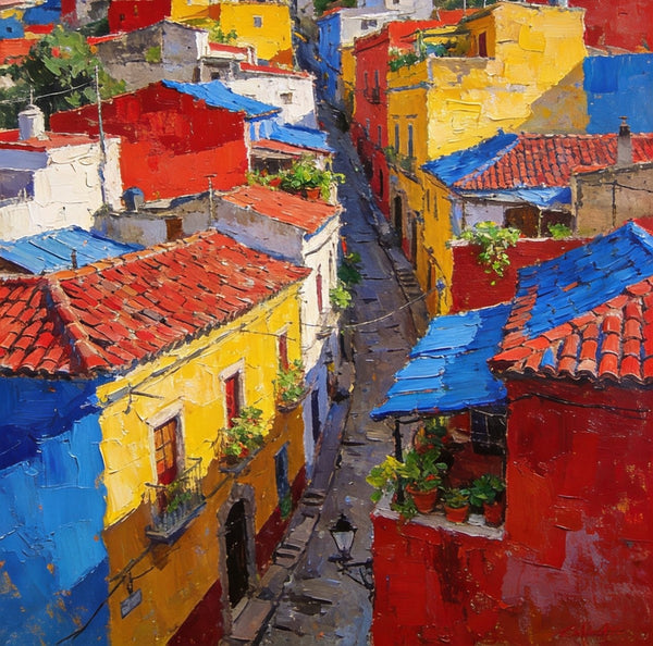 Original Wall Art Paintings, Guanajuato's Vibrant Hilltop Village, Hand Painted Canvas Wall Art, Heavy Texture Artwork, Small Oil Paintings-LargePaintingArt.com