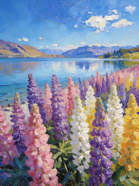 Small Oil Paintings, Scenic Lake Pukaki with Flowers, Heavy Texture Artwork, Hand Painted Canvas Art, Original Landscape Paintings, Canvas Paintings for Bedroom-LargePaintingArt.com