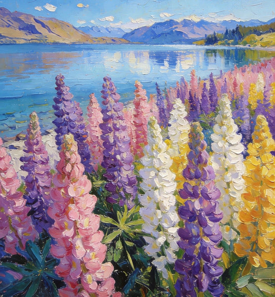 Small Oil Paintings, Scenic Lake Pukaki with Flowers, Heavy Texture Artwork, Hand Painted Canvas Art, Original Landscape Paintings, Canvas Paintings for Bedroom-LargePaintingArt.com