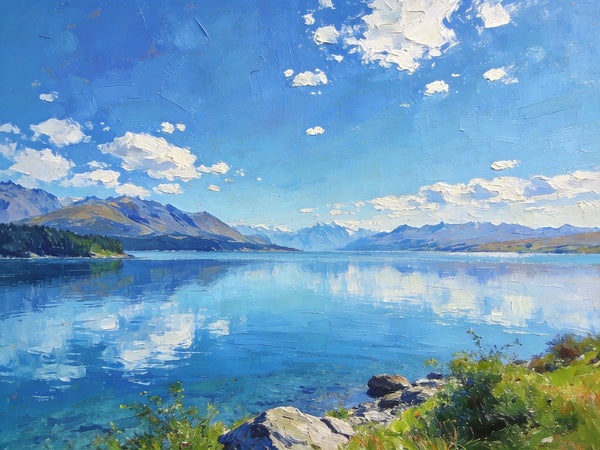 Picturesque Lake and Mountain View, Hand Painted Canvas Art, Original Landscape Paintings, Small Oil Paintings, Canvas Paintings for Living Room, Buy Paintings Online-LargePaintingArt.com