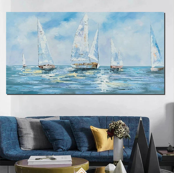 Sail Boat Acrylic Paintings on Canvas, Hand Painted Wall Art Paintings, Contemporary Canvas Artwork, Abstract Wall Art Paintings, Modern Art Paintings for Dining Room-LargePaintingArt.com