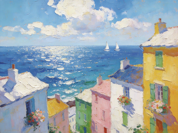Landscape Paintings for Living Room, Seaside Town Enchanting Landscape, Hand Painted Canvas Art, Small Canvas Paintings, Landscape Wall Art Paintings, Original Oil Paintings-LargePaintingArt.com