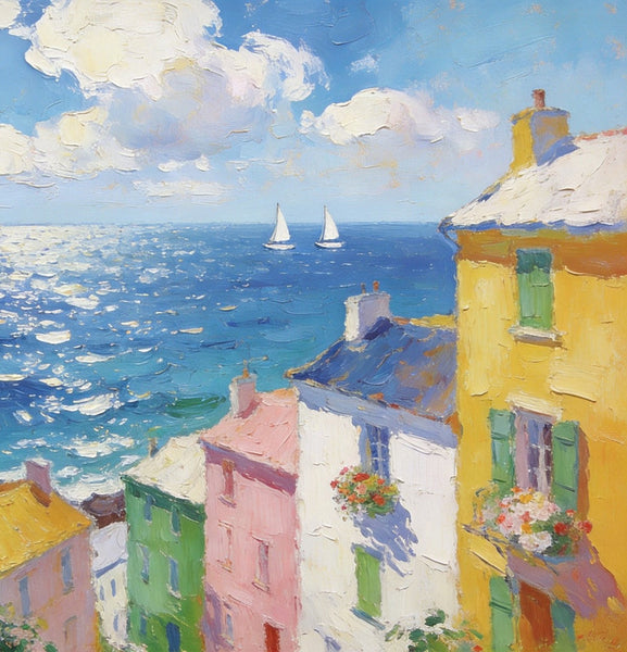 Landscape Paintings for Living Room, Seaside Town Enchanting Landscape, Hand Painted Canvas Art, Small Canvas Paintings, Landscape Wall Art Paintings, Original Oil Paintings-LargePaintingArt.com