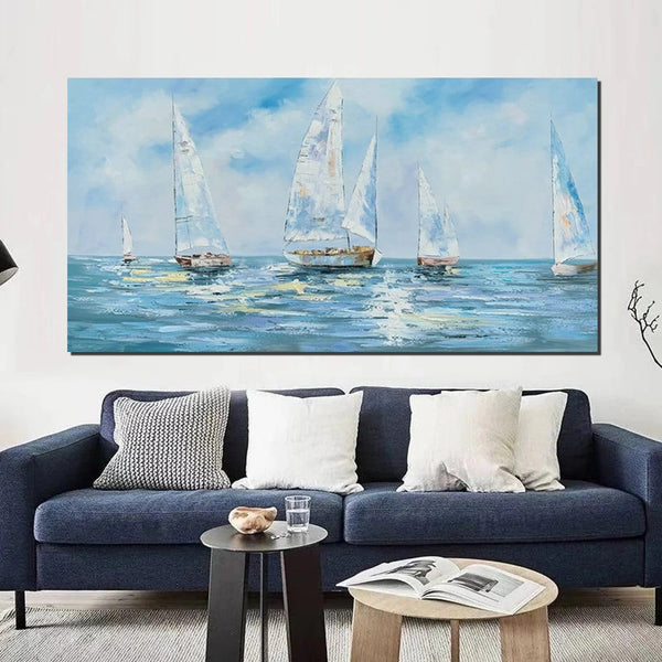 Sail Boat Acrylic Paintings on Canvas, Hand Painted Wall Art Paintings, Contemporary Canvas Artwork, Abstract Wall Art Paintings, Modern Art Paintings for Dining Room-LargePaintingArt.com