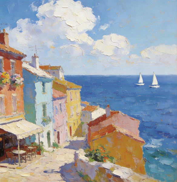 Original Landscape Paintings, Beach Town Serenity, Small Oil Paintings, Buy Painting Online, Hand Painted Canvas Art, Heavy Texture Artwork-LargePaintingArt.com