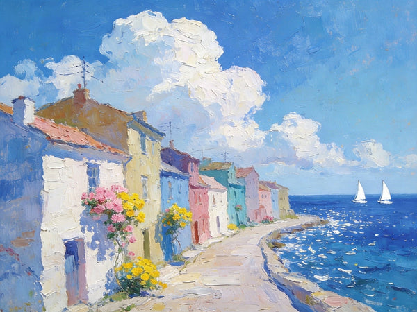 Small Landscape Paintings on Canvas, Coastal Town Dreamy Vista, Seashore Beach Paintings, Landscape Canvas Paintings, Palette Knife Oil Paintings, Hand Painted Canvas Art, Original Oil Paintings-LargePaintingArt.com