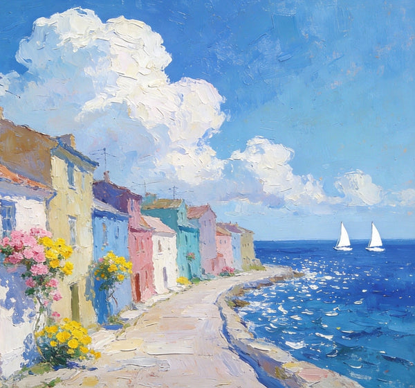 Small Landscape Paintings on Canvas, Coastal Town Dreamy Vista, Seashore Beach Paintings, Landscape Canvas Paintings, Palette Knife Oil Paintings, Hand Painted Canvas Art, Original Oil Paintings-LargePaintingArt.com
