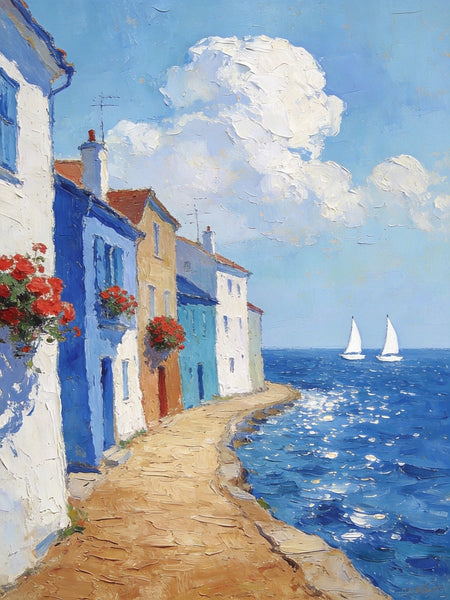 Palette Knife Artwork, Seaside Town Peaceful Ambiance, Hand Painted Canvas Art, Small Oil Paintings, Original Canvas Paintings, Landscape Paintings for Bedroom-LargePaintingArt.com