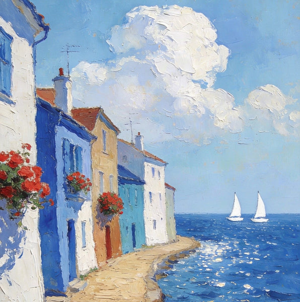 Palette Knife Artwork, Seaside Town Peaceful Ambiance, Hand Painted Canvas Art, Small Oil Paintings, Original Canvas Paintings, Landscape Paintings for Bedroom-LargePaintingArt.com
