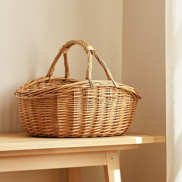 Large Kitchen Storage Baskets, Picnic Storage Basket with Handle, Hand-woven Wicker Storage Basket, Willow Weaving Baskets for Vegetable, Natural Fruit Basket-LargePaintingArt.com