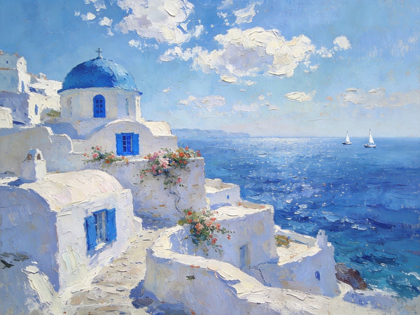 The Blue Domed Church by the Sea, Hand Painted Canvas Art, Small Oil Paintings, Heavy Texture Artwork, Landscape Canvas Paintings, Original Canvas Paintings-LargePaintingArt.com