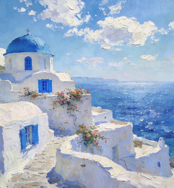 The Blue Domed Church by the Sea, Hand Painted Canvas Art, Small Oil Paintings, Heavy Texture Artwork, Landscape Canvas Paintings, Original Canvas Paintings-LargePaintingArt.com