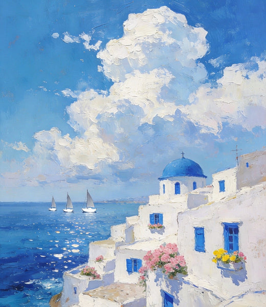 Greek Dream by the Aegean, Seashore Paintings, Canvas Paintings for Bedroom, Original Landscape Paintings, Heavy Texture Artwork, Small Oil Paintings, Hand Painted Canvas Art-LargePaintingArt.com