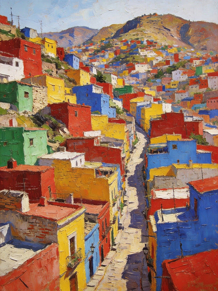 Original Landscape Art, Guanajuato's Hued Houses and Winding Paths, Small Oil Paintings, Hand Painted Canvas Art, Heavy Texture Wall Art Paintings, Landscape Paintings for Bedroom-LargePaintingArt.com