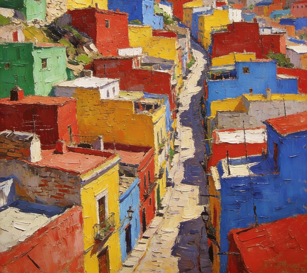 Original Landscape Art, Guanajuato's Hued Houses and Winding Paths, Small Oil Paintings, Hand Painted Canvas Art, Heavy Texture Wall Art Paintings, Landscape Paintings for Bedroom-LargePaintingArt.com