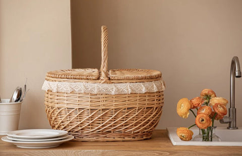 Extra Large Kitchen Storage Baskets, Picnic Storage Basket with Handle, Natural Hand-woven Wicker Storage Basket, Lovely Willow Weaving Baskets for Vegetable, Natural Fruit Storage Baskets-LargePaintingArt.com