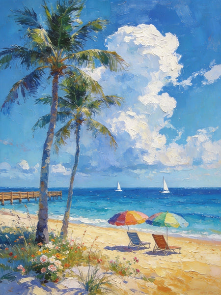 Heavy Texture Artwork, Coastal Peach and Quiet, Palm Trees Seashore Paintings, Hand Painted Canvas Wall Art, Original Oil Paintings, Small Canvas Paintings, Small Canvas Paintings-LargePaintingArt.com
