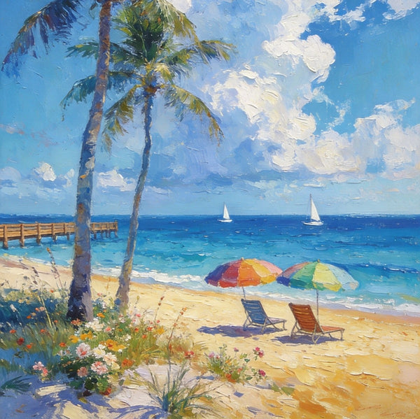 Heavy Texture Artwork, Coastal Peach and Quiet, Palm Trees Seashore Paintings, Hand Painted Canvas Wall Art, Original Oil Paintings, Small Canvas Paintings, Small Canvas Paintings-LargePaintingArt.com