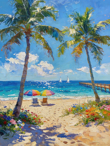 Original Landscape Paintings, Tropical Coastal Charm, Palm Tree Seashore Paintings, Canvas Paintings for Bedroom, Heavy Texture Artwork, Small Oil Paintings, Hand Painted Canvas Art-LargePaintingArt.com
