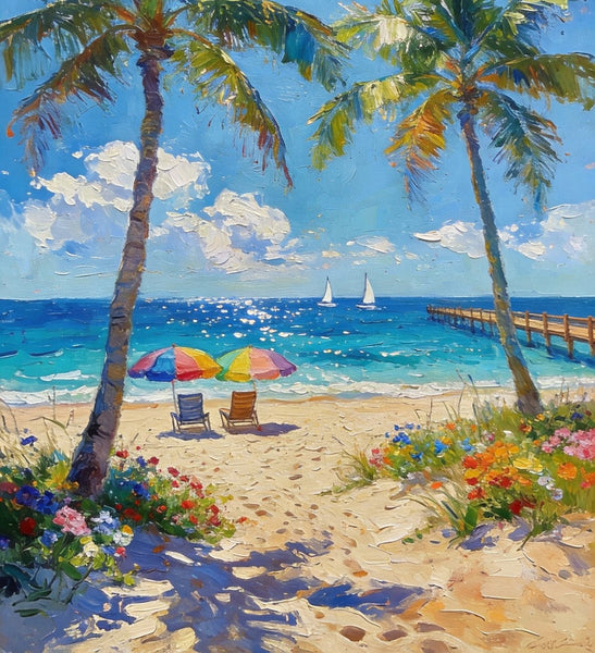 Original Landscape Paintings, Tropical Coastal Charm, Palm Tree Seashore Paintings, Canvas Paintings for Bedroom, Heavy Texture Artwork, Small Oil Paintings, Hand Painted Canvas Art-LargePaintingArt.com