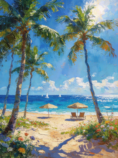 Canvas Paintings for Dining Room, Beachside Haven, Palm Tree Seashore Paintings, Original Landscape Paintings, Heavy Texture Artwork, Small Oil Paintings, Hand Painted Canvas Art-LargePaintingArt.com