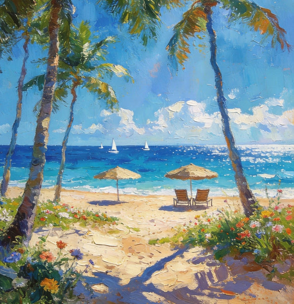 Canvas Paintings for Dining Room, Beachside Haven, Palm Tree Seashore Paintings, Original Landscape Paintings, Heavy Texture Artwork, Small Oil Paintings, Hand Painted Canvas Art-LargePaintingArt.com