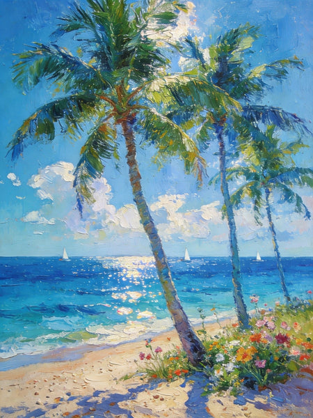 Canvas Paintings for Bedroom, Sunlit Shoreline, Palm Tree Seashore Paintings, Heavy Texture Artwork, Original Landscape Paintings, Small Oil Paintings, Hand Painted Canvas Wall Art-LargePaintingArt.com