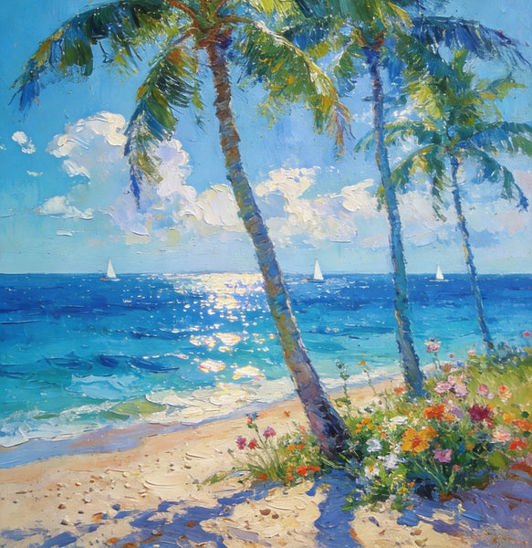 Canvas Paintings for Bedroom, Sunlit Shoreline, Palm Tree Seashore Paintings, Heavy Texture Artwork, Original Landscape Paintings, Small Oil Paintings, Hand Painted Canvas Wall Art-LargePaintingArt.com