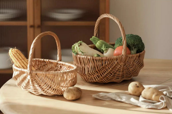 Natural Fruit Basket, Kitchen Storage Baskets, Natural Hand-woven Wicker Storage Basket, Large Picnic Food Basket with Handle, Lovely Willow Weaving Baskets for Vegetable-LargePaintingArt.com
