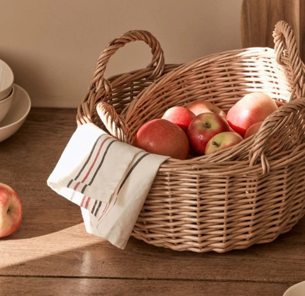 Picnic Fruit Basket with Handle, Kitchen Storage Baskets, Natural Hand-woven Wicker Round Storage Basket, Lovely Willow Weaving Baskets for Vegetable, Natural Fruit Storage Basket-LargePaintingArt.com