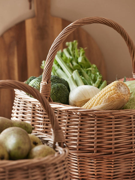 Large Picnic Food Basket with Handle, Natural Hand-woven Wicker Storage Basket, Willow Weaving Baskets for Vegetable, Natural Fruit Basket, Kitchen Storage Baskets-LargePaintingArt.com