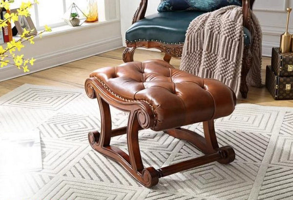 Cherry Wood Footstool, Vintage Leather Stool, Genuine Leather Solid Wood Entry Bench, Long Bench, Vanity Stool, Dressing Table Stool-LargePaintingArt.com